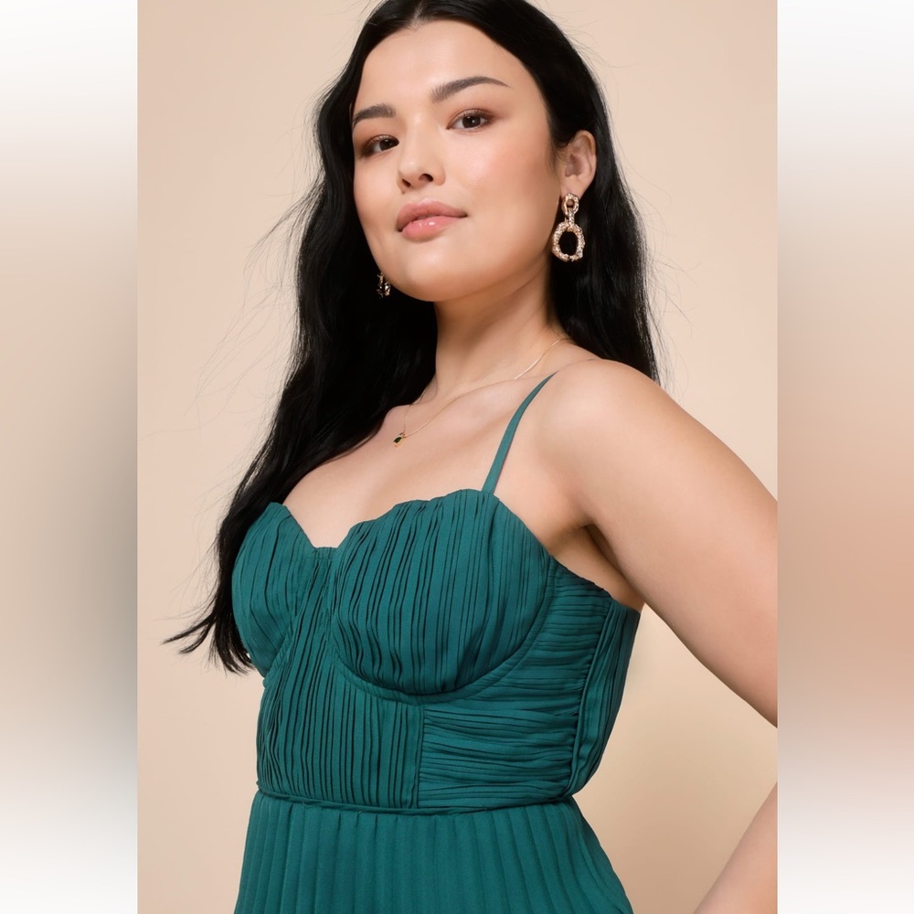 Lulus Cascading Crush Emerald Tiered Bustier Midi Dress - Picture 7 of 9